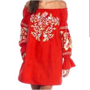 Free People Red Embroidered Off The Shoulder Boho Mini‎ Dress Tunic Top XS